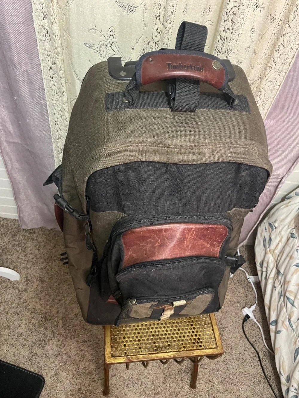 Timberland: Vintage leather trimmed canvas travel luggage/backpack